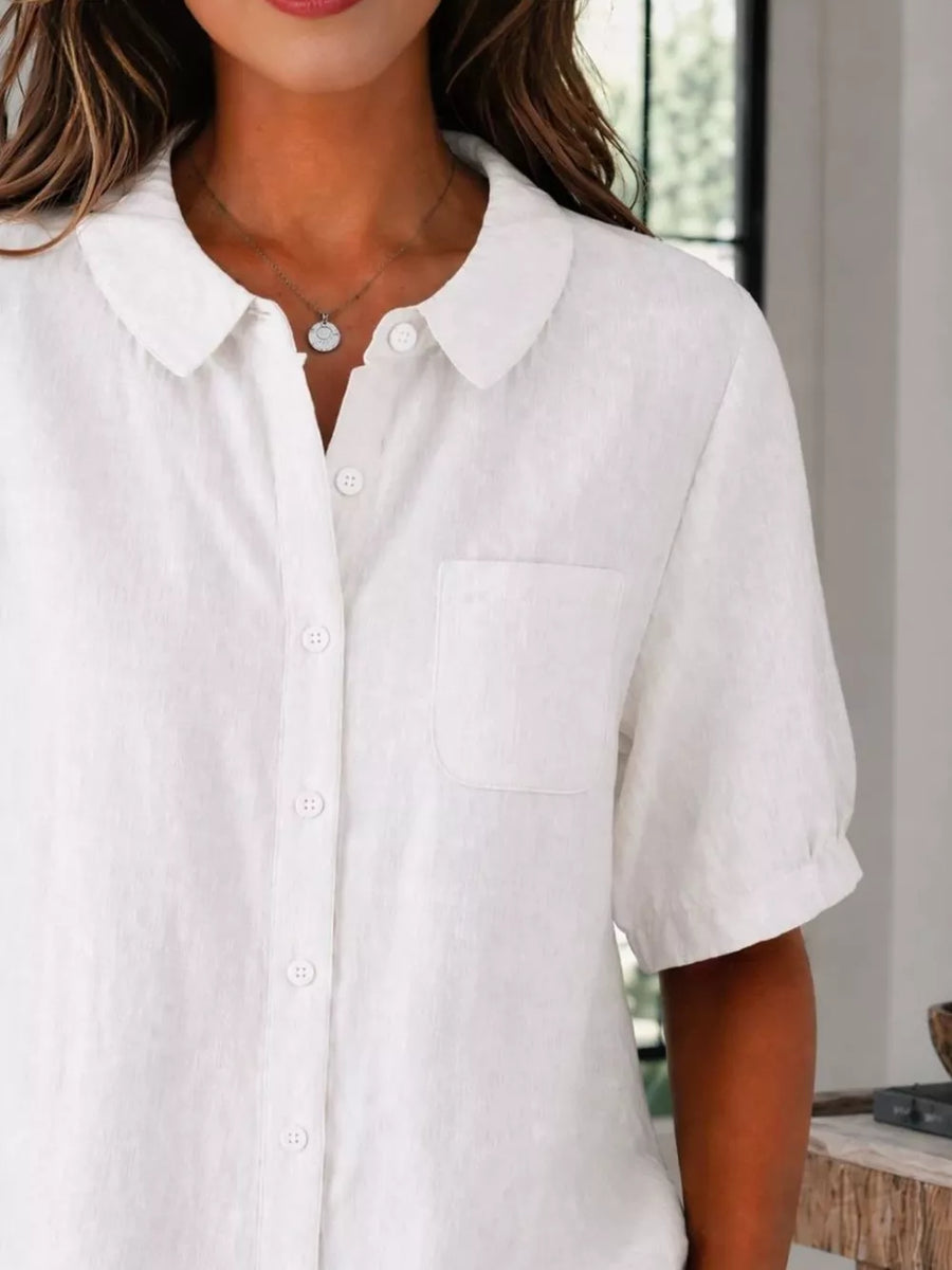 Sky Blue Full Size Button Up Short Sleeve Shirt Plus Size