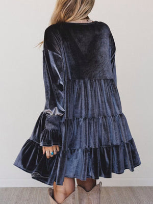 Velvet Tiered Mini Dress With Balloon Sleeves in Dusty Pink