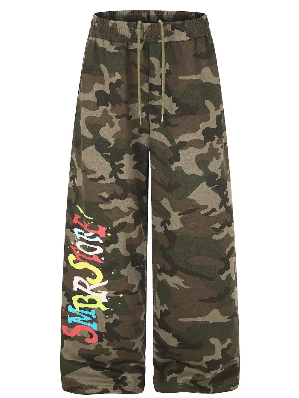 olive green wide-leg pants with camo and N/A
