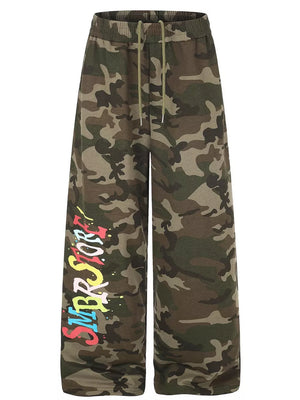 olive green wide-leg pants with camo and N/A