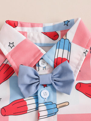 Toddler outfit set with popsicle print shirt and blue bow tie.