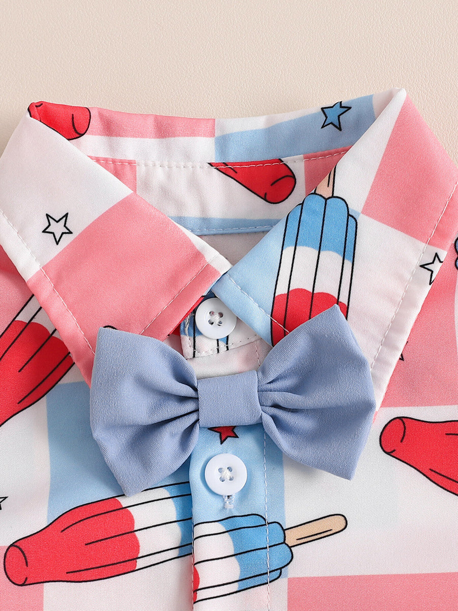 Toddler outfit set with popsicle print shirt and blue bow tie.