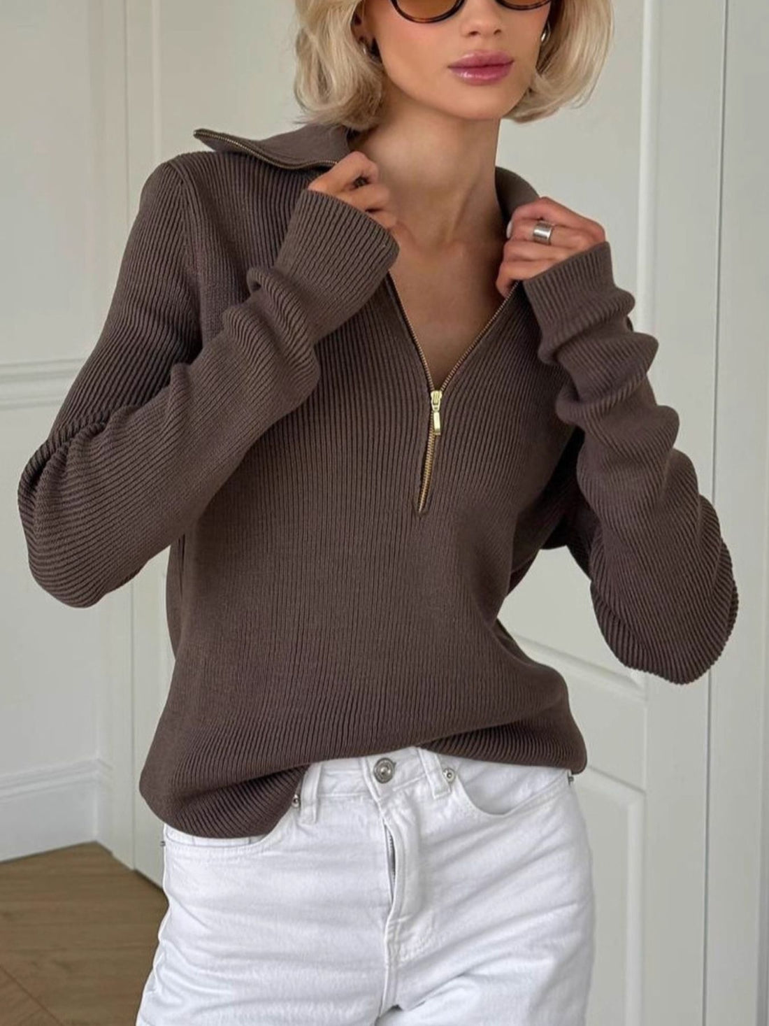 zip-up sweater in chocolate brown featuring zipper and relaxed fit