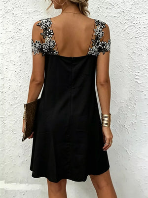 Lace Floral Trim Cold Shoulder Mini Dress in Black