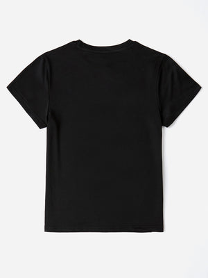 Black crewneck t-shirt with short sleeves and a relaxed fit.