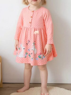 Girls coral polka dot dress with bunny and floral embroidery