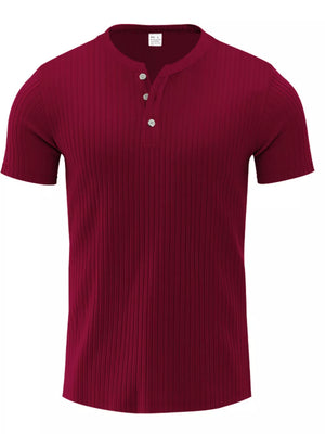 Men's maroon ribbed button-down henley tee with short sleeves.