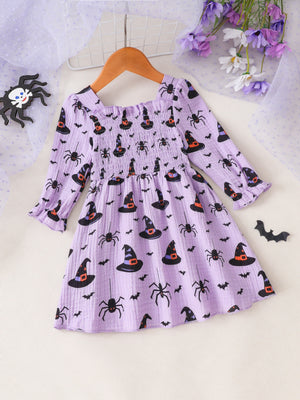 A-line dress in Off-white with Halloween print and ruffled