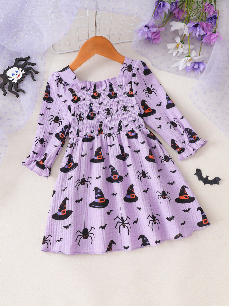 A-line dress in Off-white with Halloween print and ruffled