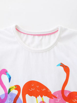 White cotton crew neck t-shirt with playful flamingo print and pink trim