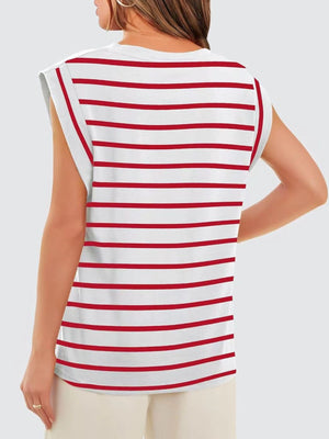 Classic striped sleeveless tank top in white with scarlet stripes.