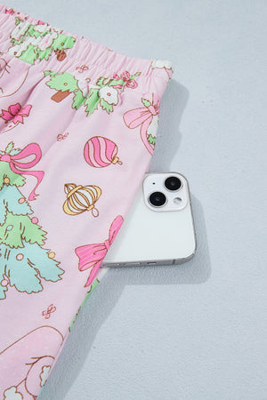 light pink pajama set with half-button, elastic and christmas print