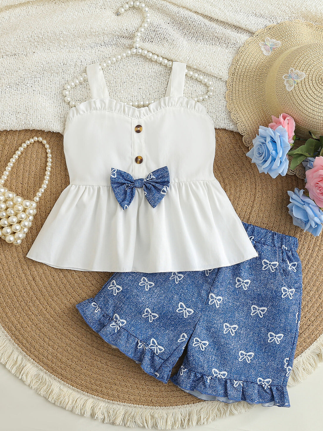 Baby girl white cami and blue bow print shorts set with ruffled hem