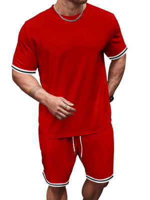 Red t-shirt and shorts set with white and black striped trim on sleeves and hem.