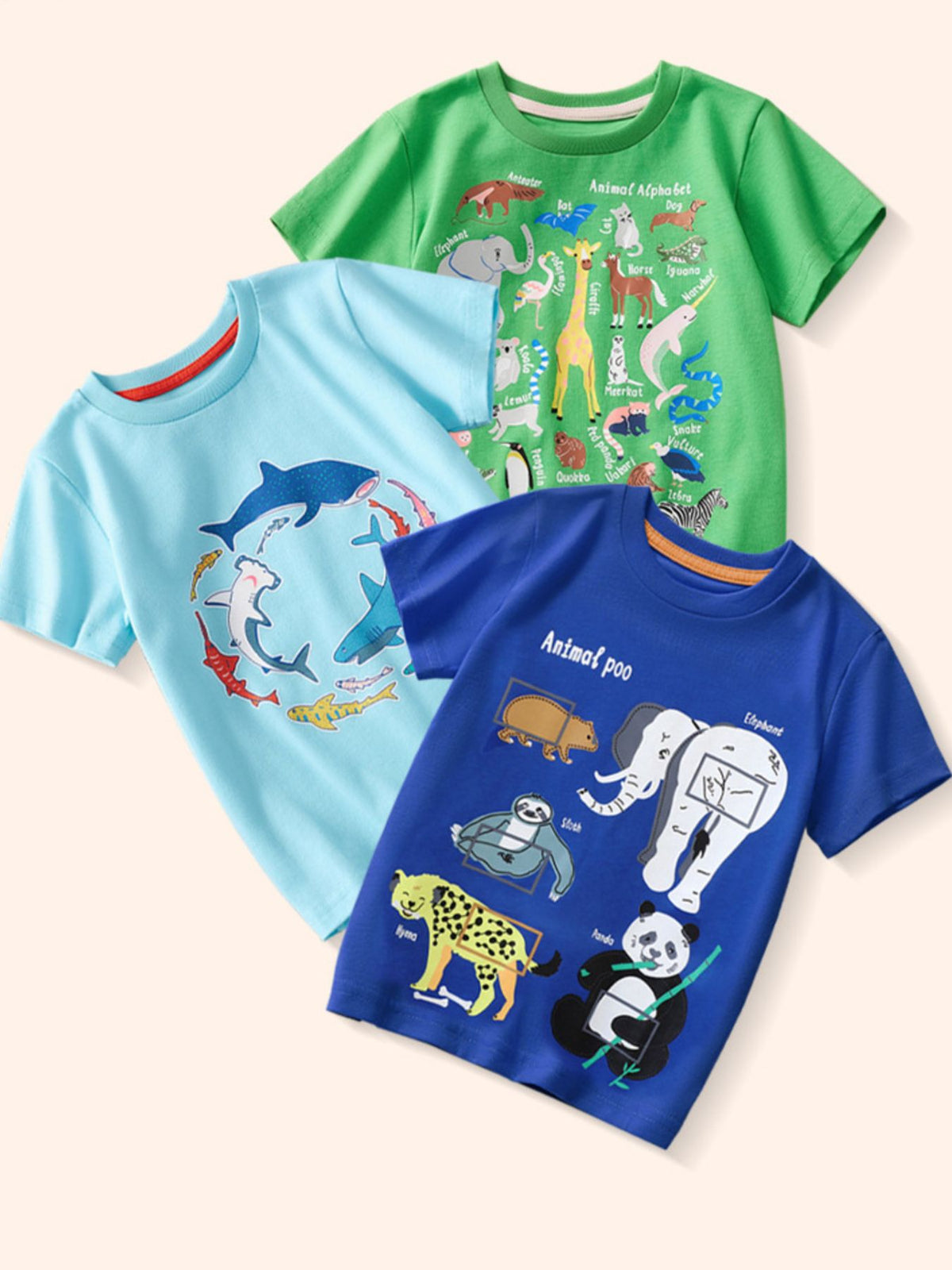 Cotton crew neck t-shirts with playful animal prints in royal blue, pastel blue, and green.