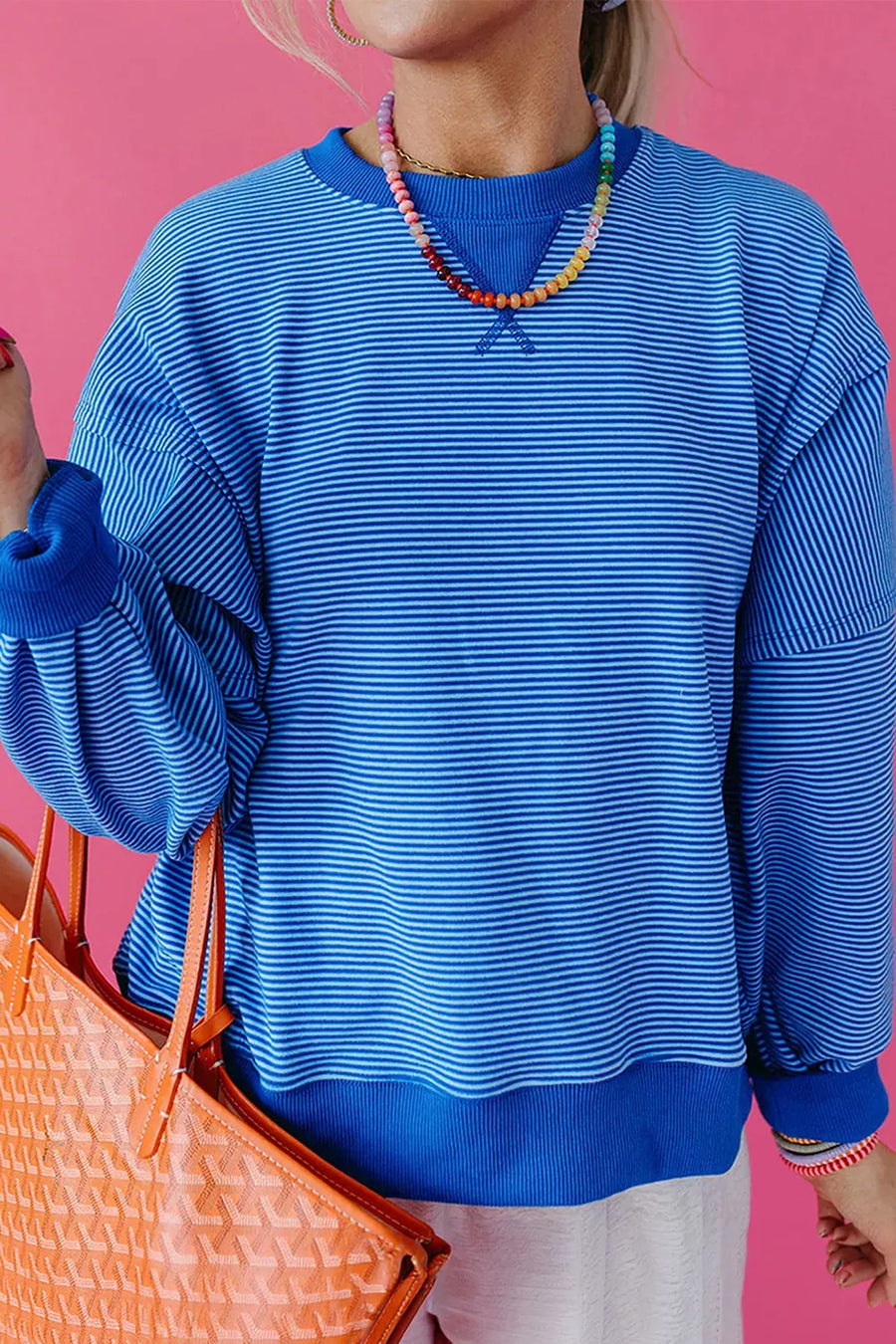 Royal Blue with Stripe Ribbed Cuffs Long Sleeve Pullover Top