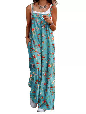 Floral Print Wide Leg Spaghetti Strap Overalls in Green
