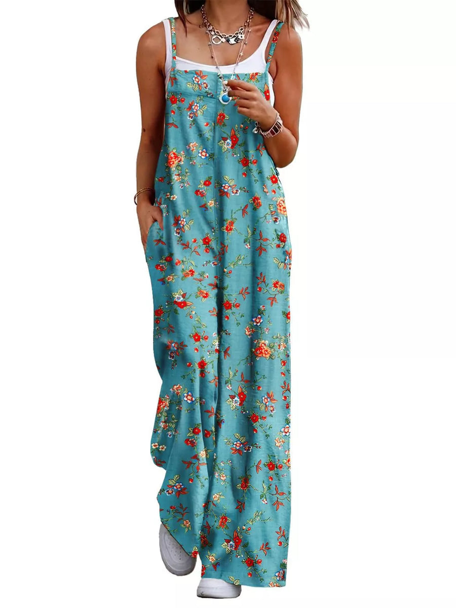 Floral Print Wide Leg Spaghetti Strap Overalls in Green