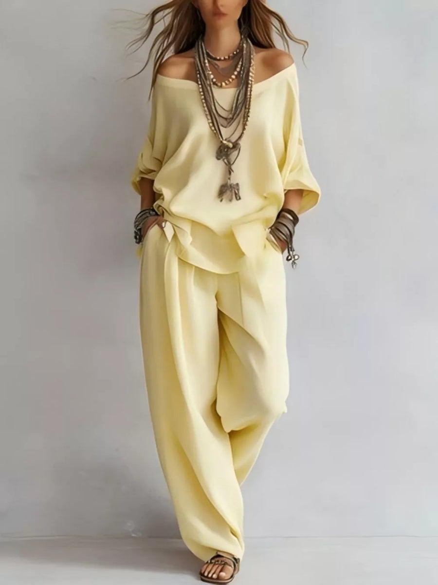 Ivory two-piece set with off-shoulder and elbow sleeve