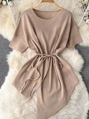 Apricot tied waist two-piece set with wide legs and asymmetric hem