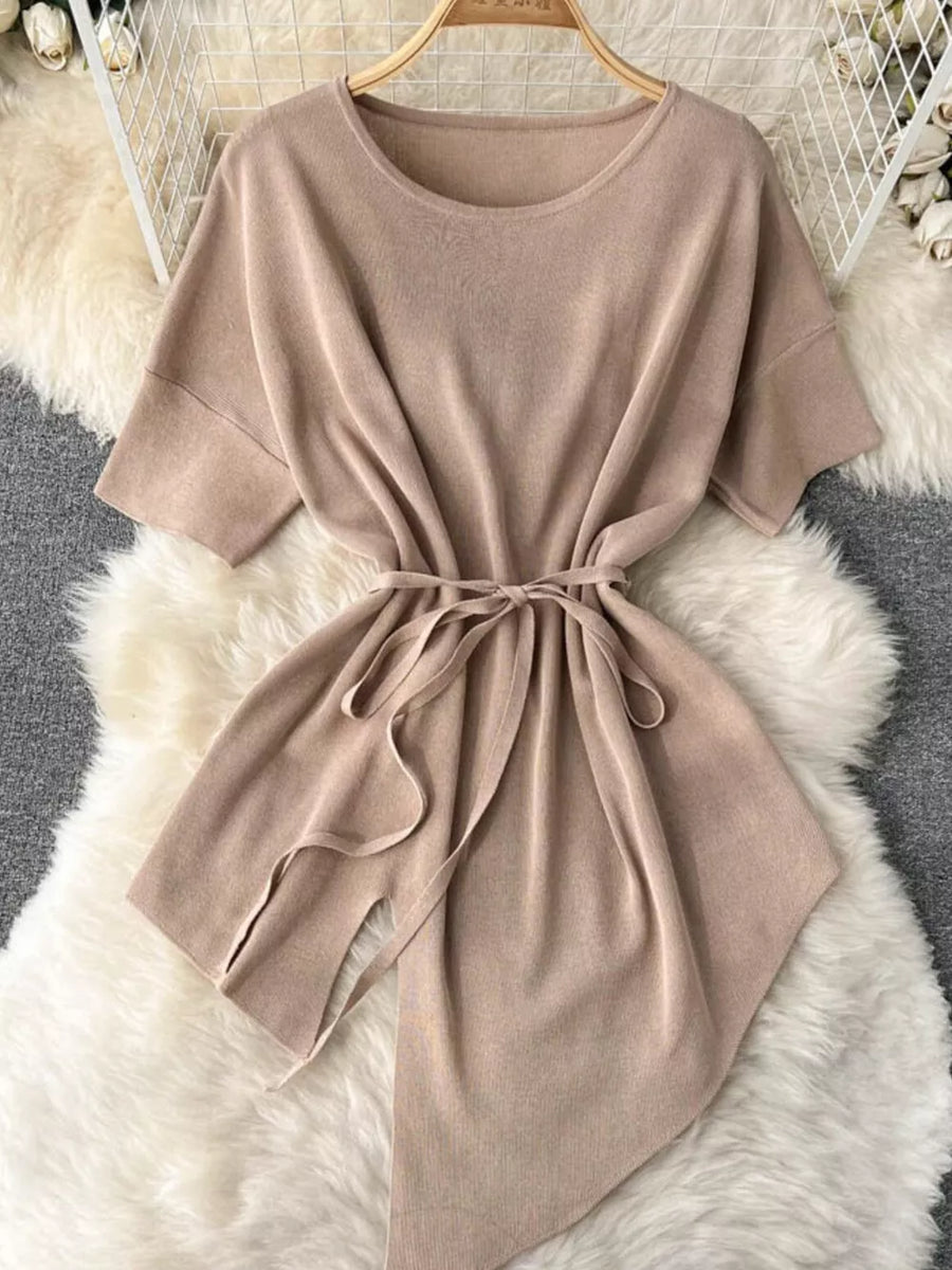 Apricot tied waist two-piece set with wide legs and asymmetric hem