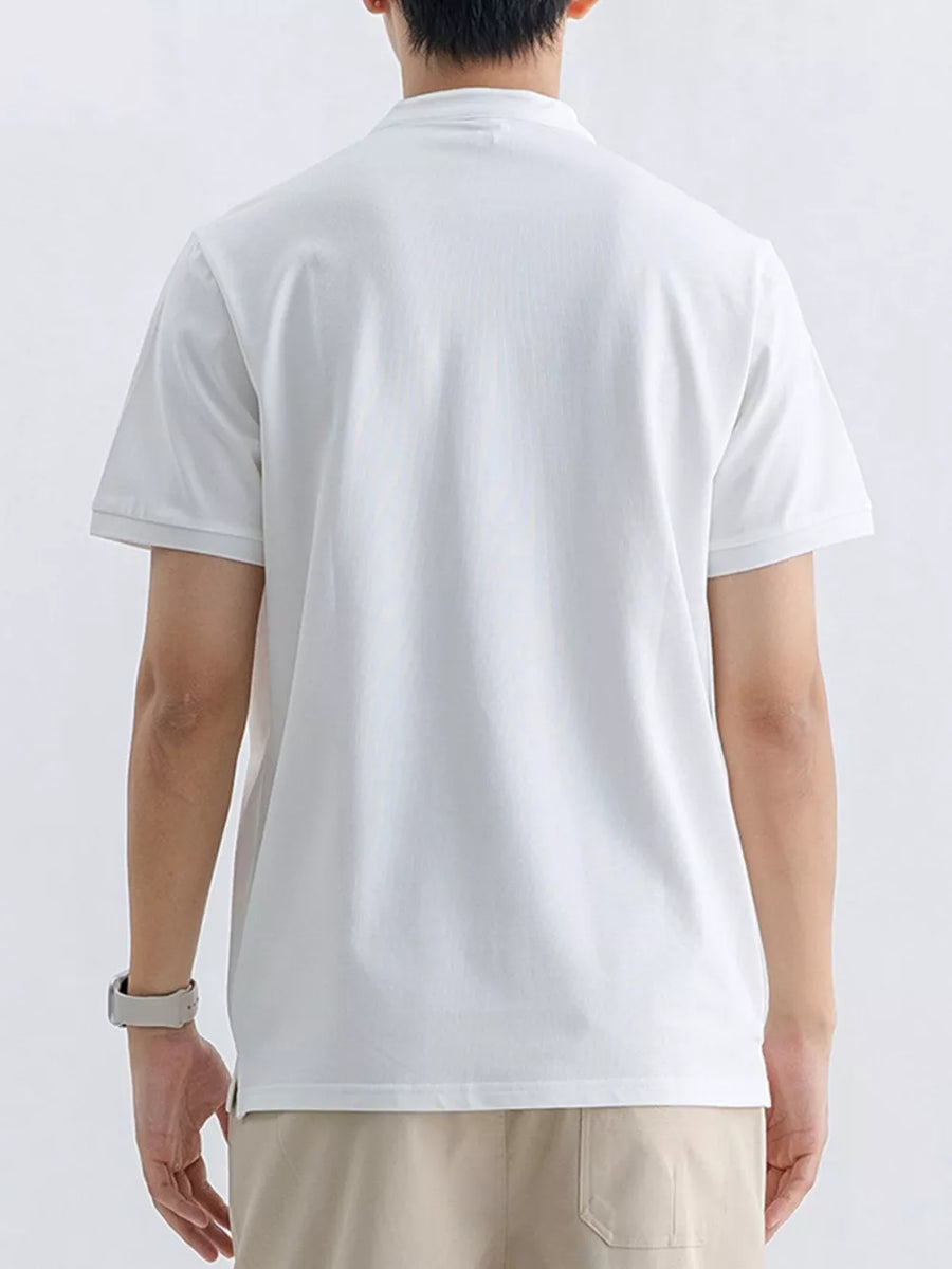 White cotton blend t-shirt, short sleeve, crew neck, basic style, comfortable fit.