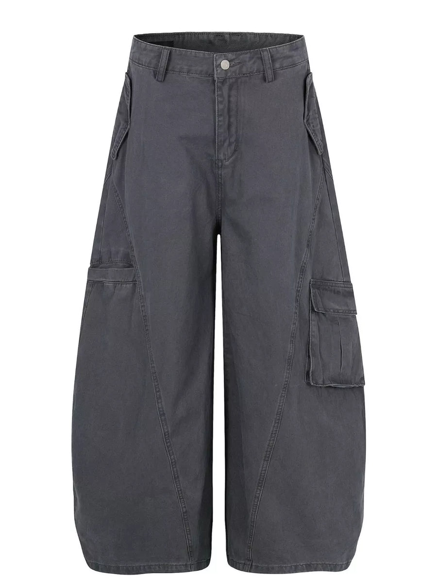 Grey wide-leg cargo pants with multiple pockets and contemporary stitching.