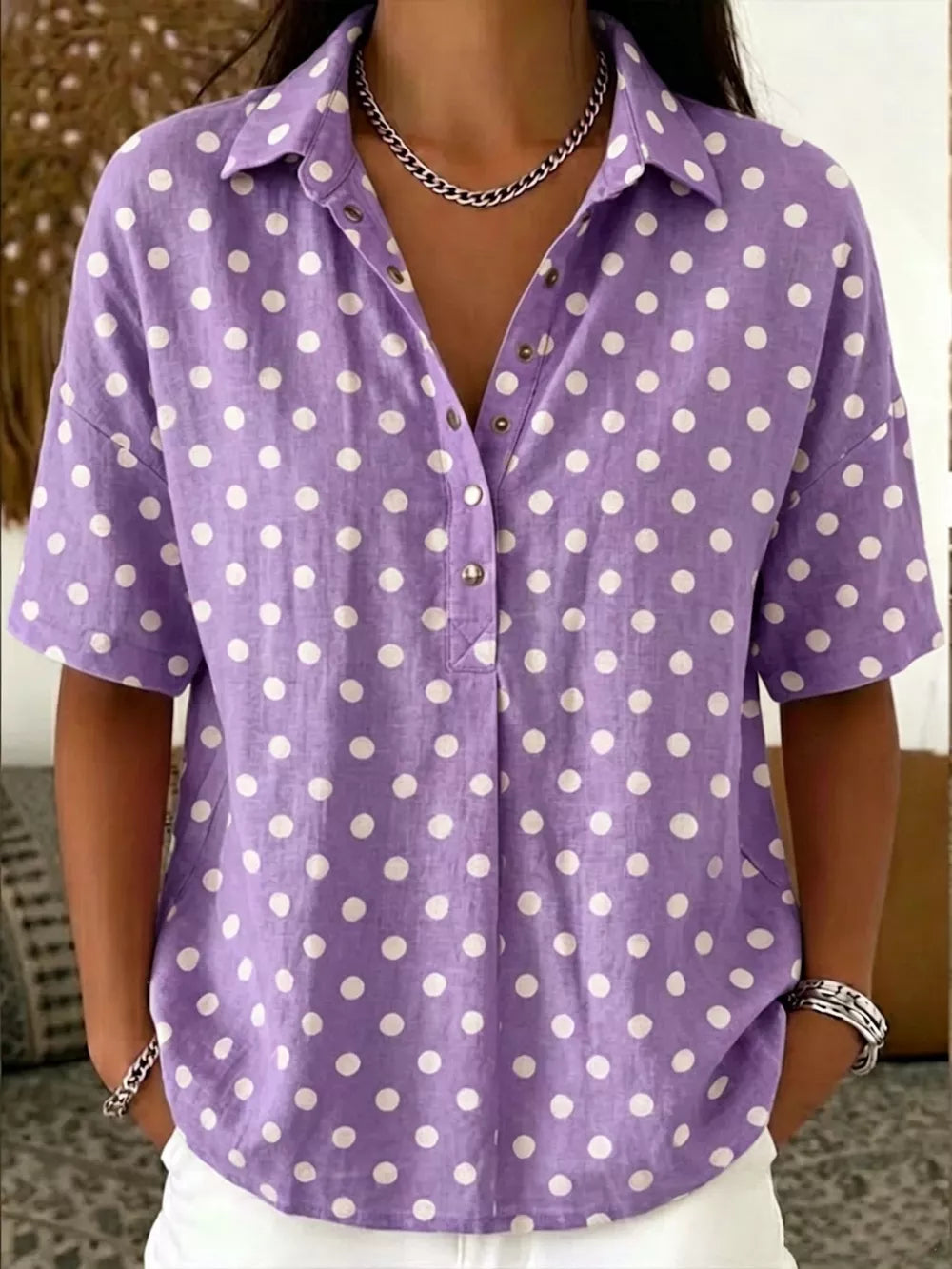 Full Size Polka Dot Short Sleeve Shirt Plus Size in Light Gray