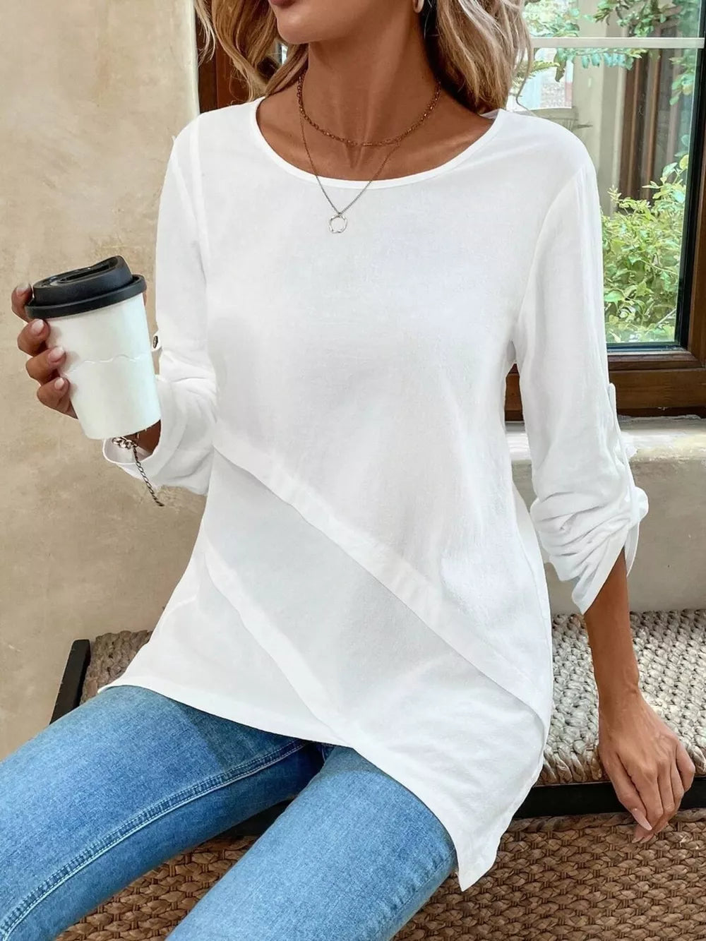 white blouse with hip-length and pullover