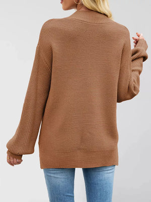 Brown relaxed mock neck sweater with mock neck