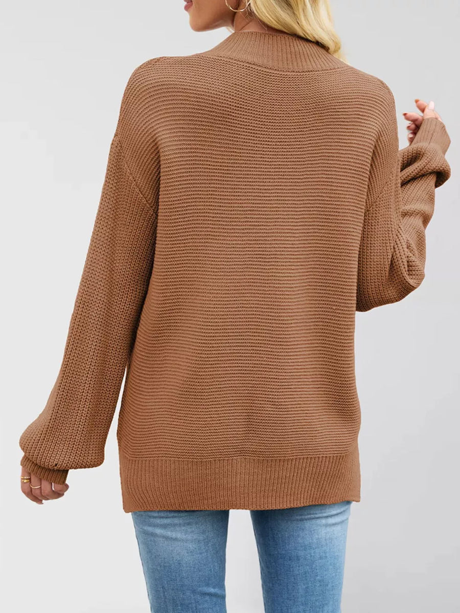 Brown relaxed mock neck sweater with mock neck