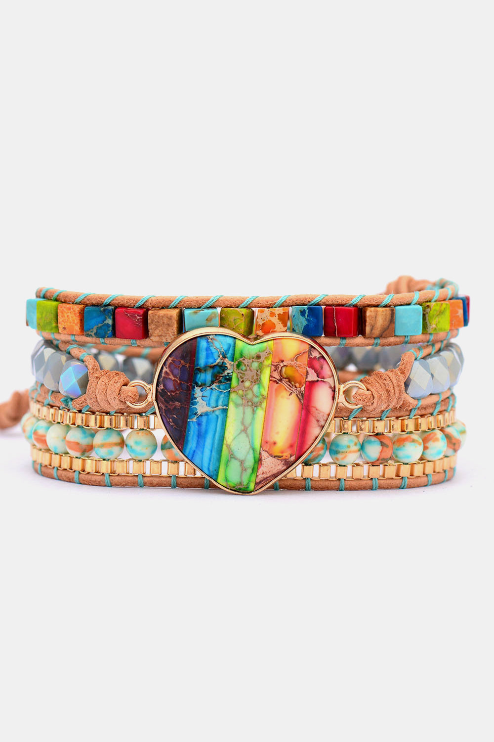 Multicolor heart stone wrap bracelet with beaded and leather straps.
