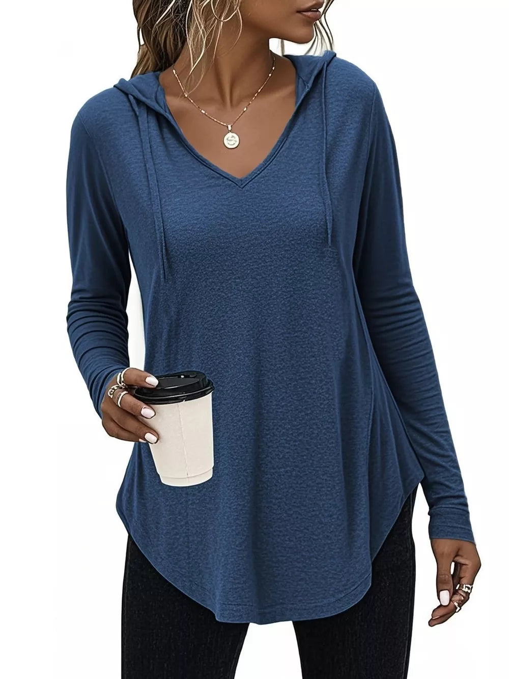 pullover hoodie in denim blue featuring drawstring and relaxed fit