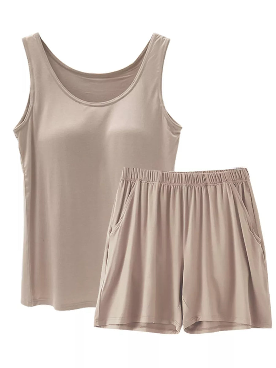 Khaki relaxed padded tank top and shorts set with pockets.