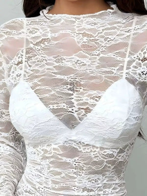 White Sheer Lace Long Sleeve Top