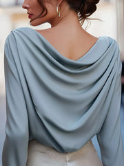 Sky blue cowl neck long sleeve shirt with draped back detail.