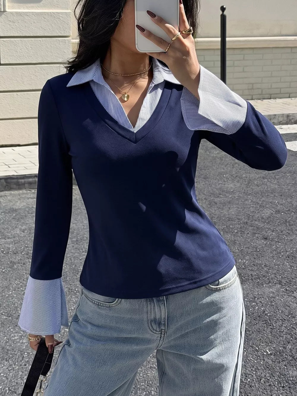 Dark Blue Contrast Collar Long Sleeve Top