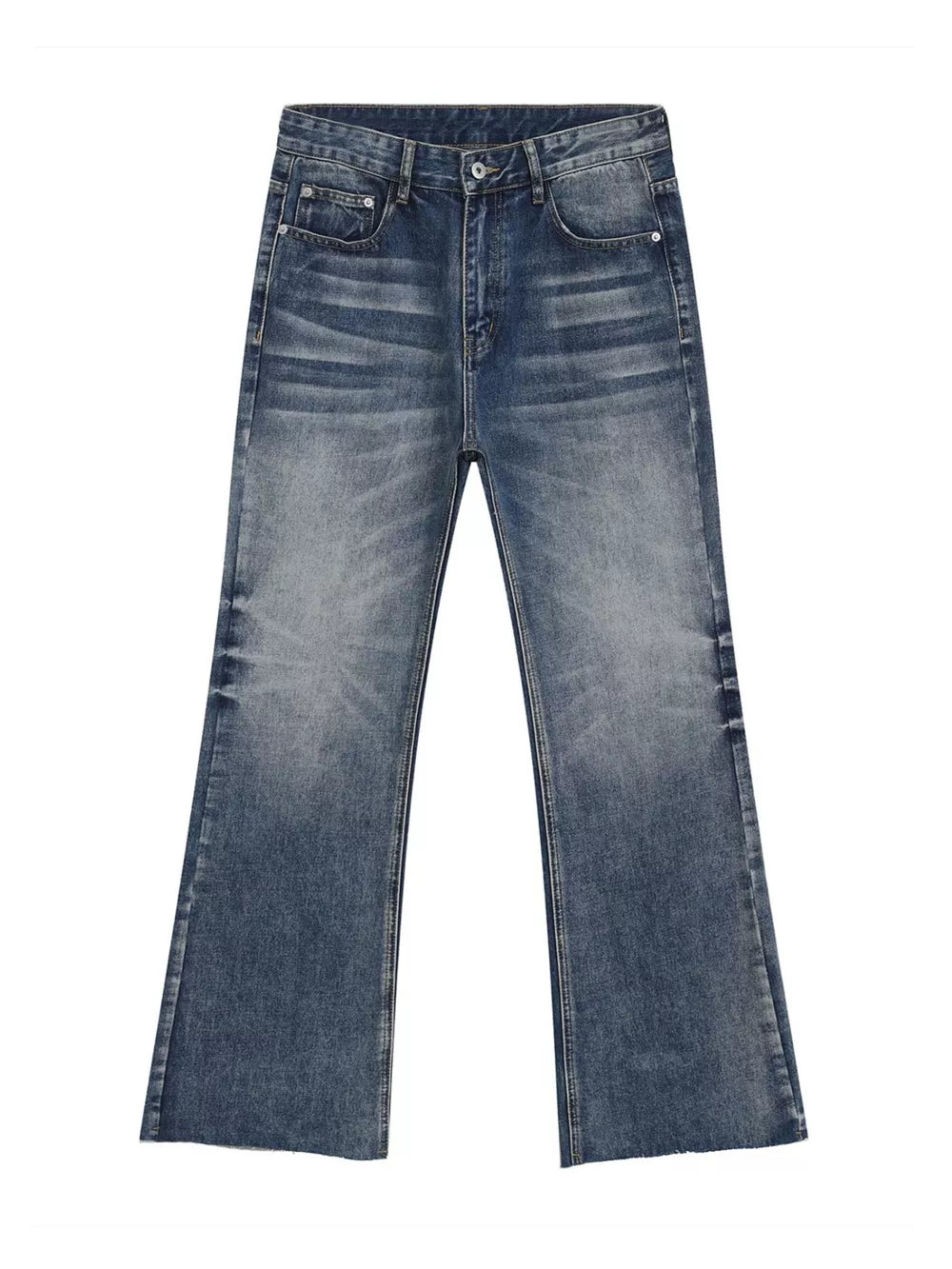 Men's blue wash cotton flare jeans with distressed details and raw hem