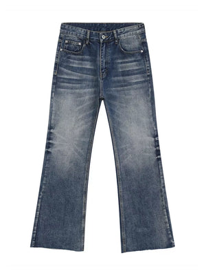 Men's blue wash cotton flare jeans with distressed details and raw hem