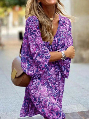 Paisley Print Long Sleeve Mini Dress Plus Size in Blue with tied