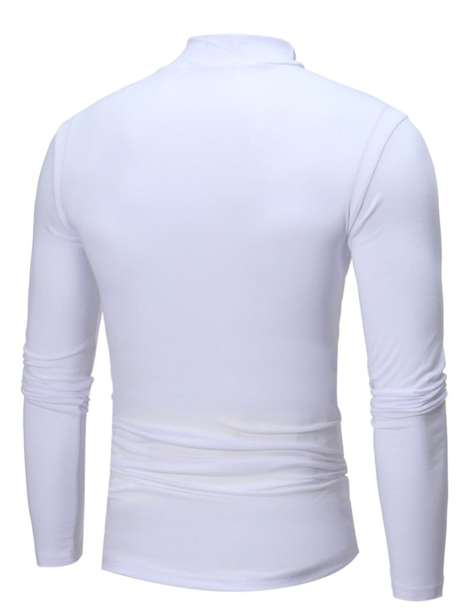 Men's Plus Size Slim Fit Mock Neck Long Sleeve T-Shirt in White with stretch