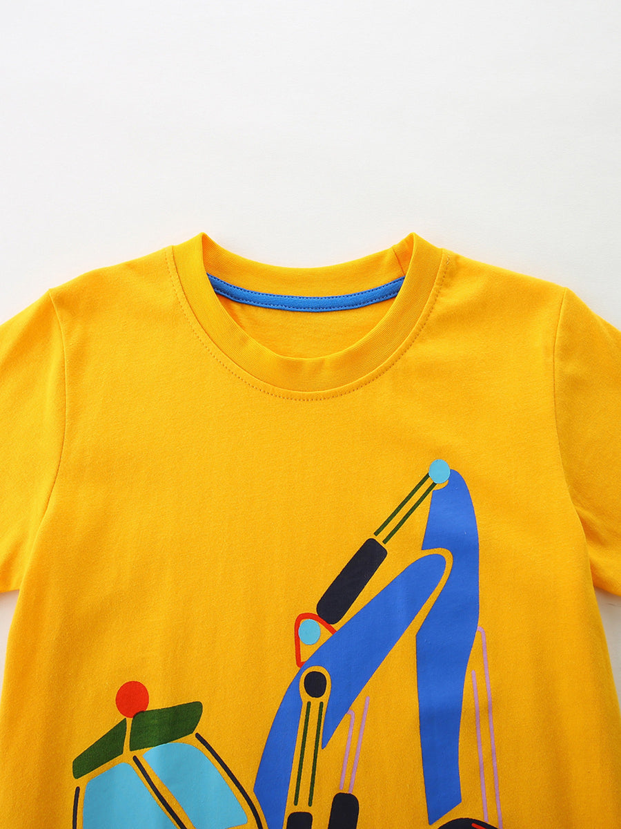 Yellow t-shirt with blue excavator graphic and blue neckline trim.