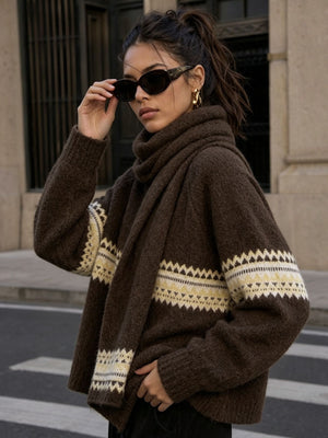 Geometric Button Down Knit Cardigan in Dark Brown with buttoned