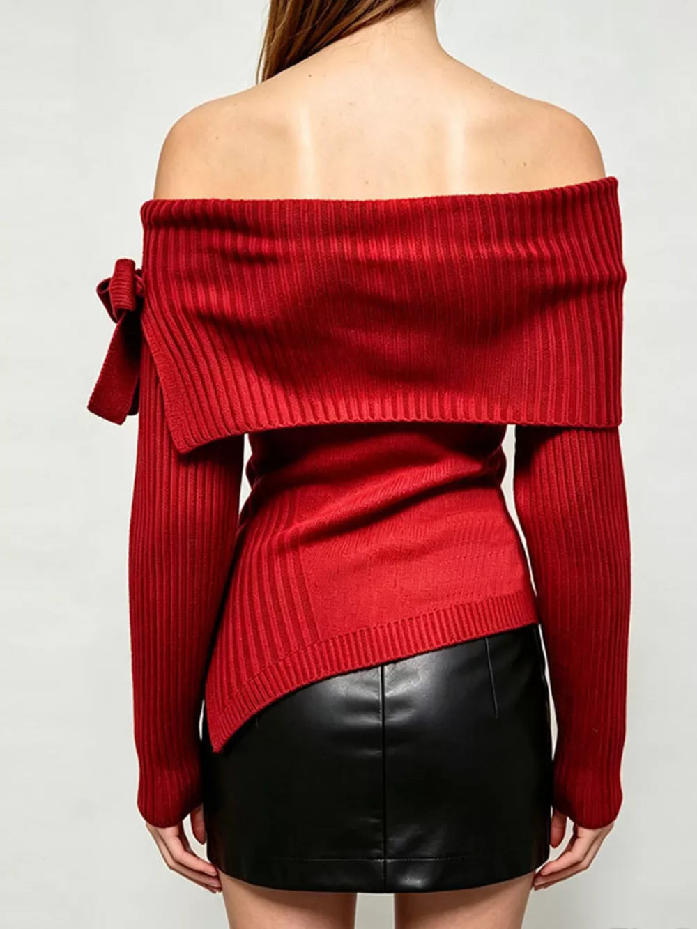 dark brown fitted off-shoulder top with off-shoulder