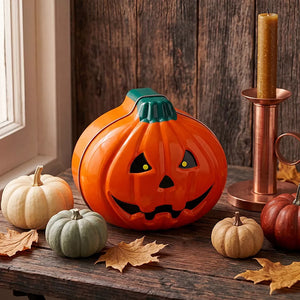 black storage box featuring pumpkin shape and jack-o'-lantern motif