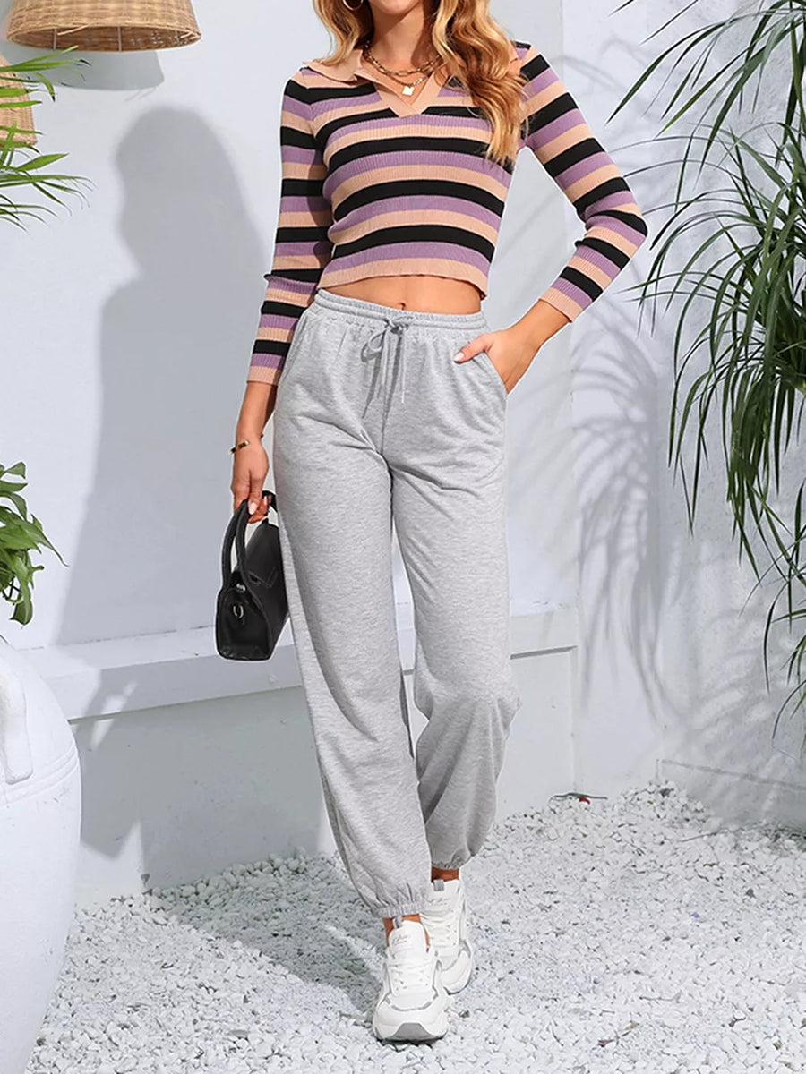 Blush Pink with Striped Collared Cropped Knit Top