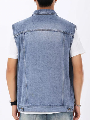 Light wash denim vest for men, sleeveless with collar, basic style.