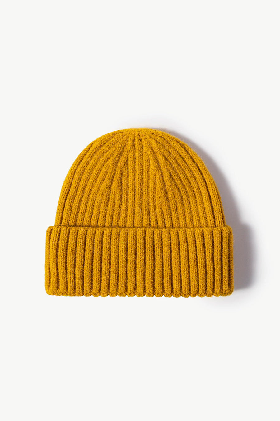 Mustard chunky ribbed knit beanie with folded cuff