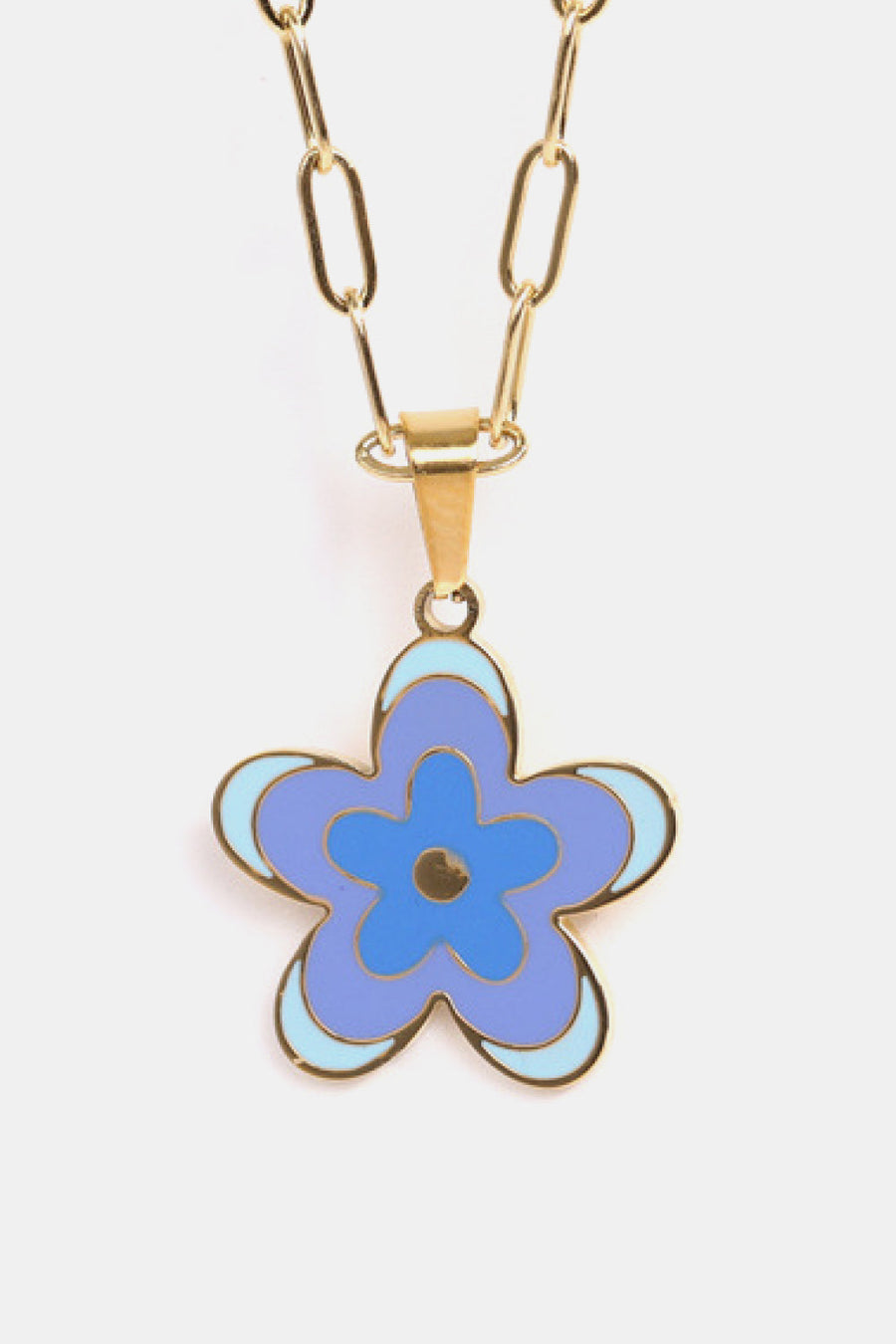 Enamel floral pendant chain necklace with gold-plated links and a multi-tone blue flower charm.