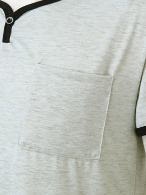 Gray sleep shirt dress with contrast trim neckline and pocket